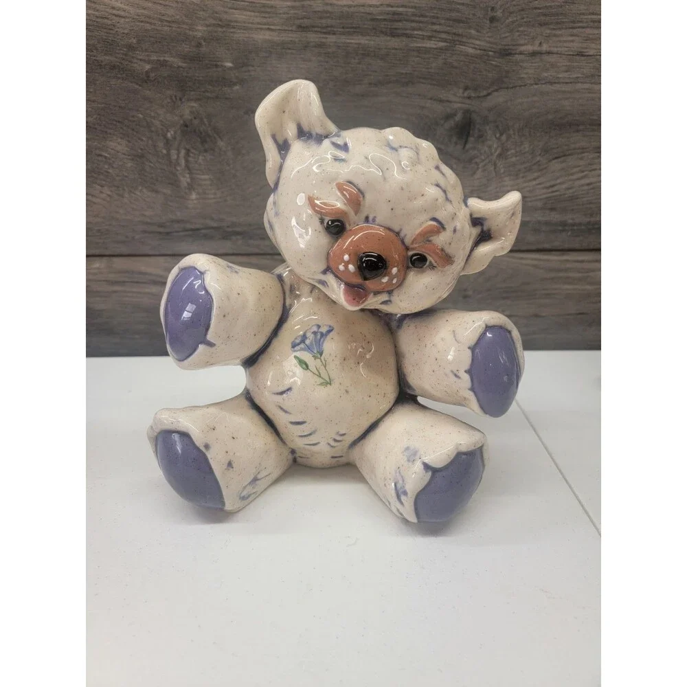RARE Vintage Blue Stoneware Pottery Teddy Bear Piggy Bank